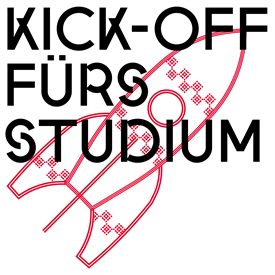 Grafische Darstellung einer Rakete, die mit folgendem Text belegt ist "Kick-Off fürs Studium"